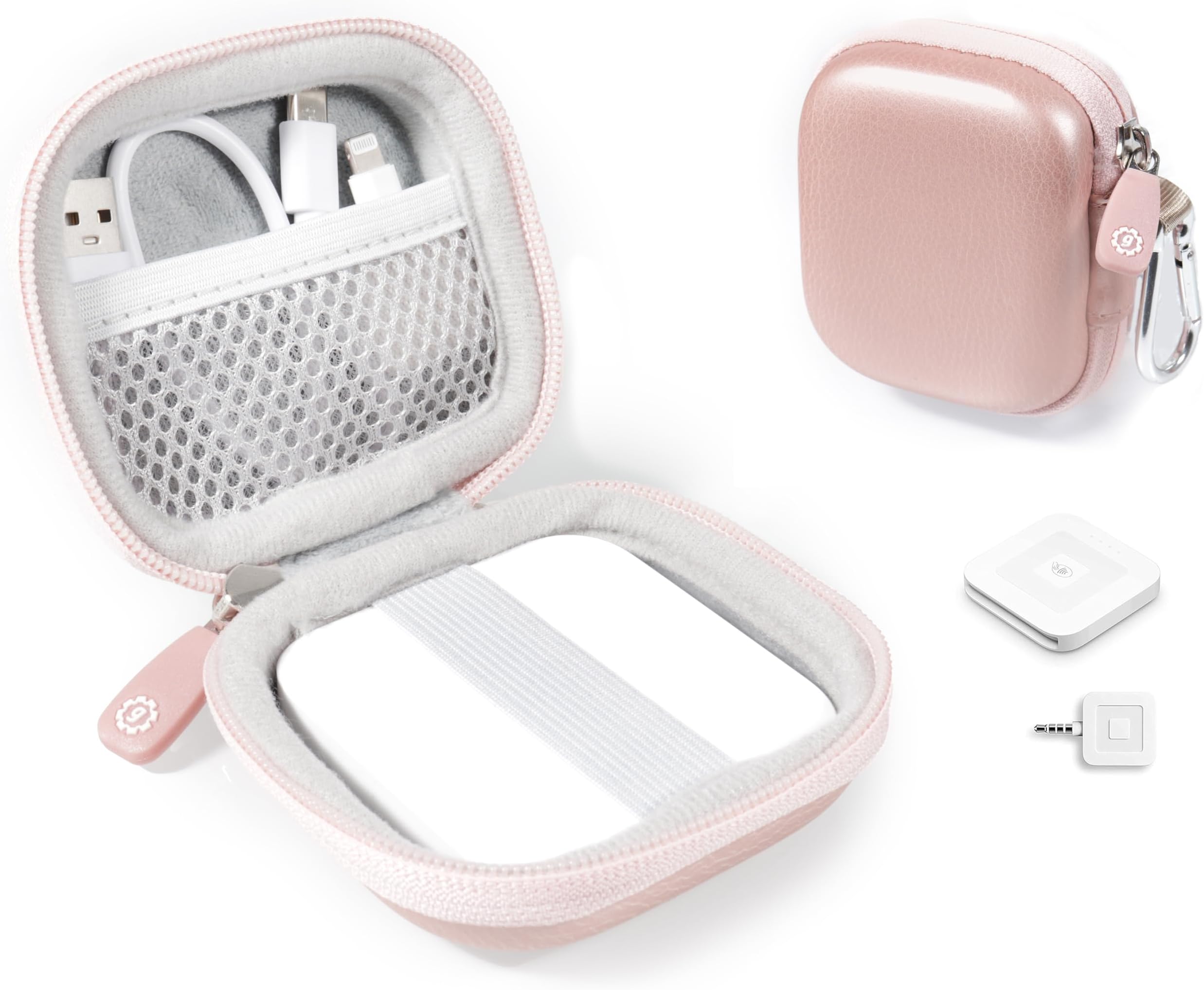 Credit Card Reader Case for Square Contactless and Chip Reader, Chip Reader Scanner, USB Cables and Small Accessories, Mesh Pocket, Secure Elastic Strap, Easy to go Carabiner (Rose Gold)