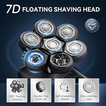kensen 7D Head Shavers for Bald Men - 5 in 1 Bald Head Shavers for Men with Travel Case, 9200RPM Bald Head Razor with Nose Hair Trimmer Beard Trimmer Cordless IPX6 Waterproof Wet Dry Use LED Display