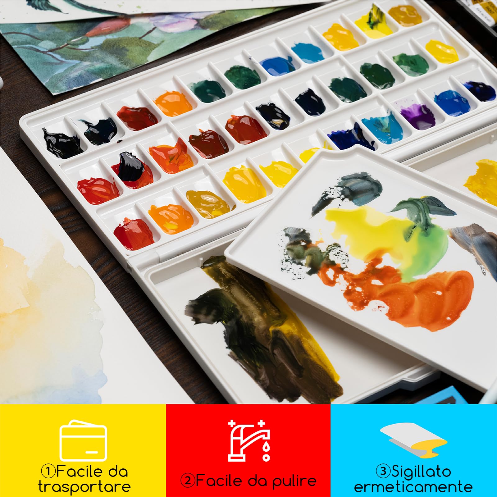MEEDEN Wet Palette per pittura - Tavolozza di Acquerelli Acquerello Acrilico Gouache Sigillata, 33 pozzi - Palette di pittura con coperchio e Ampie Aree di Miscelazione, Grigio