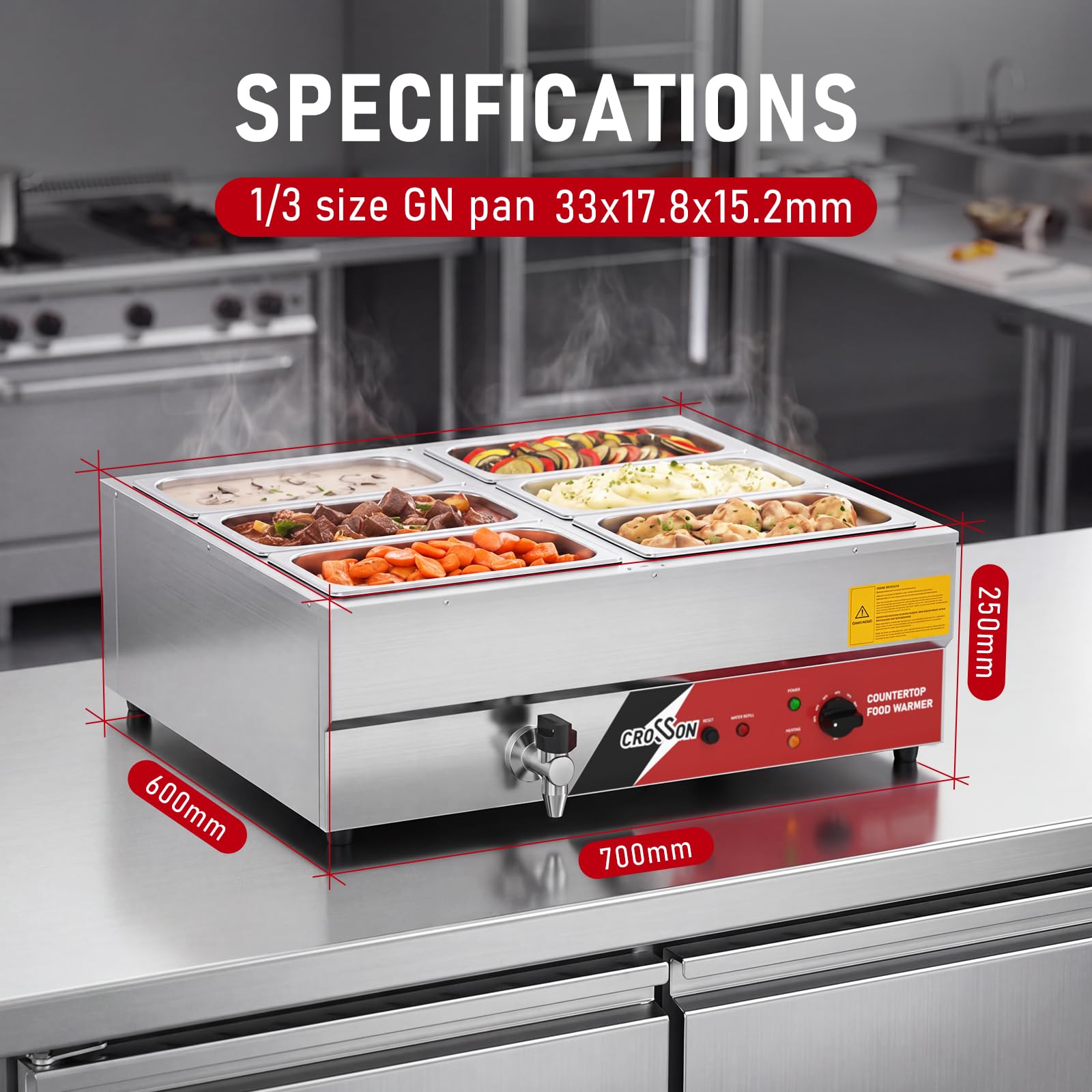 CROSSON Scaldavivande Elettrico bagnomaria Professionale con 6 Vaschette GN 1/3 in Acciaio Inox, Rubinetto di Scarico, Temperatura Regolabile, 1700W/230V, per Buffet, Ristoranti e Catering