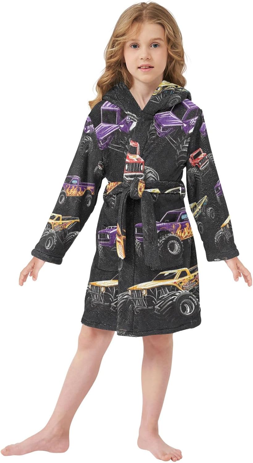 Monster Trucks Cars Bathrobe Hooded PJ Robe Soft Fleece Robe Pajama Sleepwears 2-12 Years