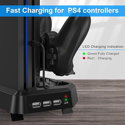 Miniatura 4 de Estación de carga de controlador para PS4PS4 SlimPS4 Pro, soporte vertical PS4 con estación de carga de doble controlador, ventilador de