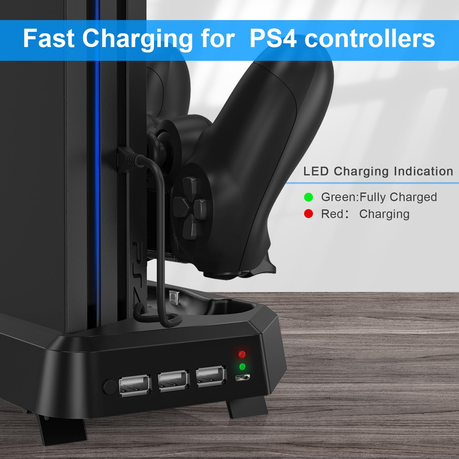 KEKUCULL Estación de carga de controlador para PS4Pro, soporte vertical con estación de carga de controlador dual, ventilador de refrigeración dual y 3 puertos USB (solo para PS4Pro)