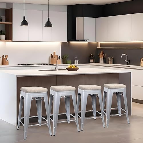 Miniatura 270 de GIA Taburete de mostrador sin respaldo de 24 pulgadas, cantidad de 4, bronce con asiento de madera clara Negro -,Café,Gris,gris, (Gun