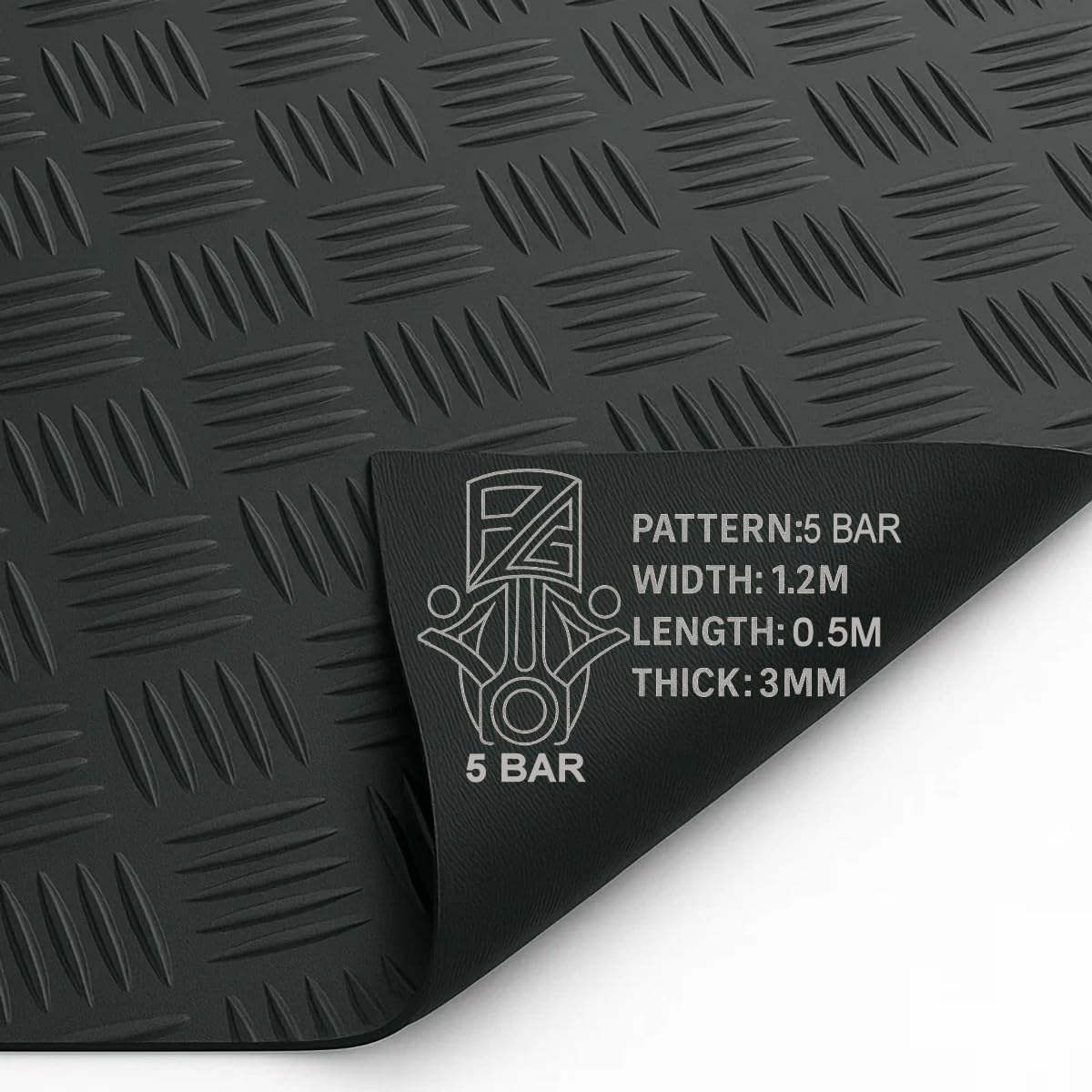 PG Floor Rubber Matting Roll 0.5m x 1.2m, 20m Black Non Slip 5 Bar Mat, Heavy Duty 3mm Thick Waterproof Flooring for Garage Gym Van Shed