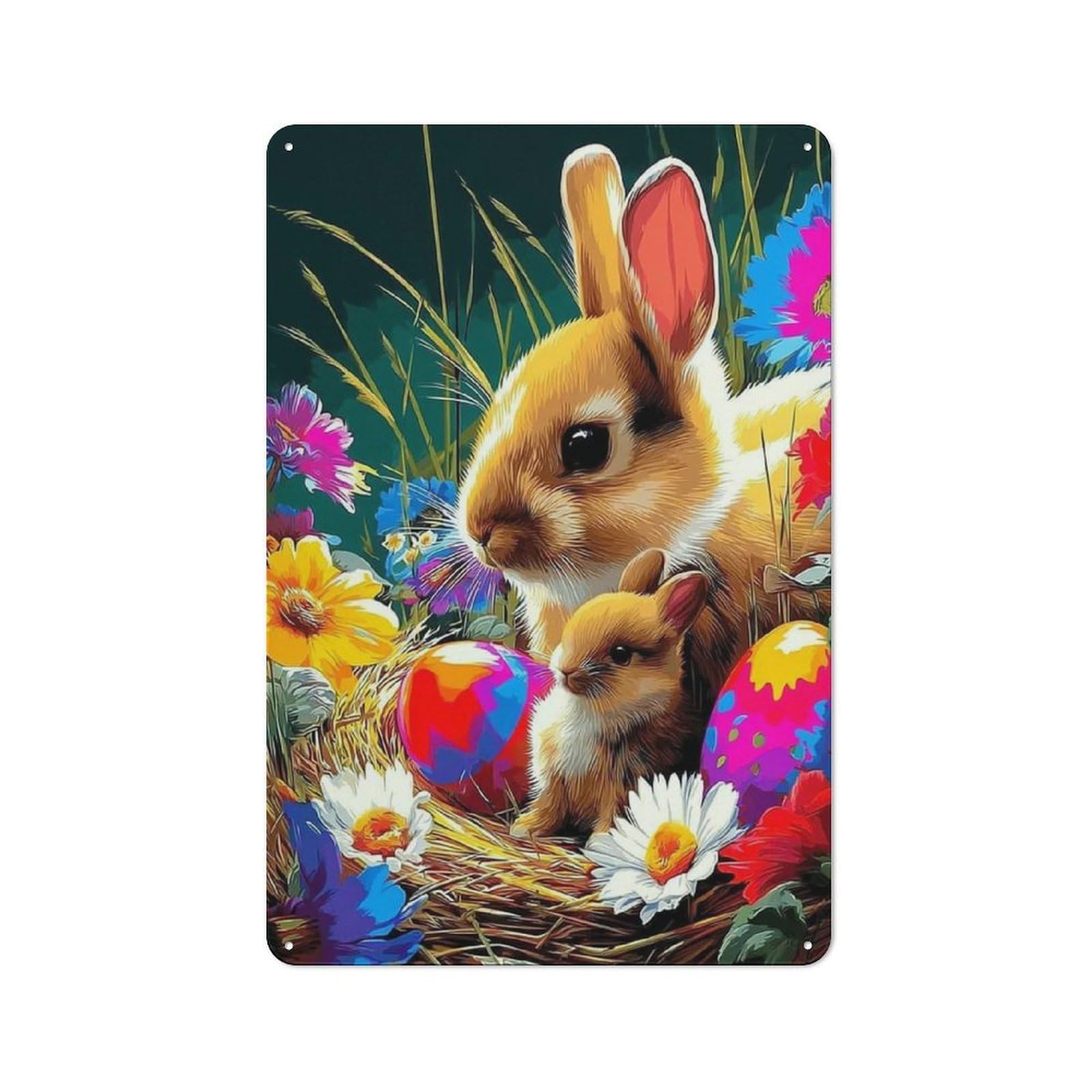 Junmoney Spring Bunny With Eggs And Flowers -1 Metal Sign 30X20cm With For Workshop Wall, Rustic Decor, Wall Decoration For Workshops And Hobby Rooms
