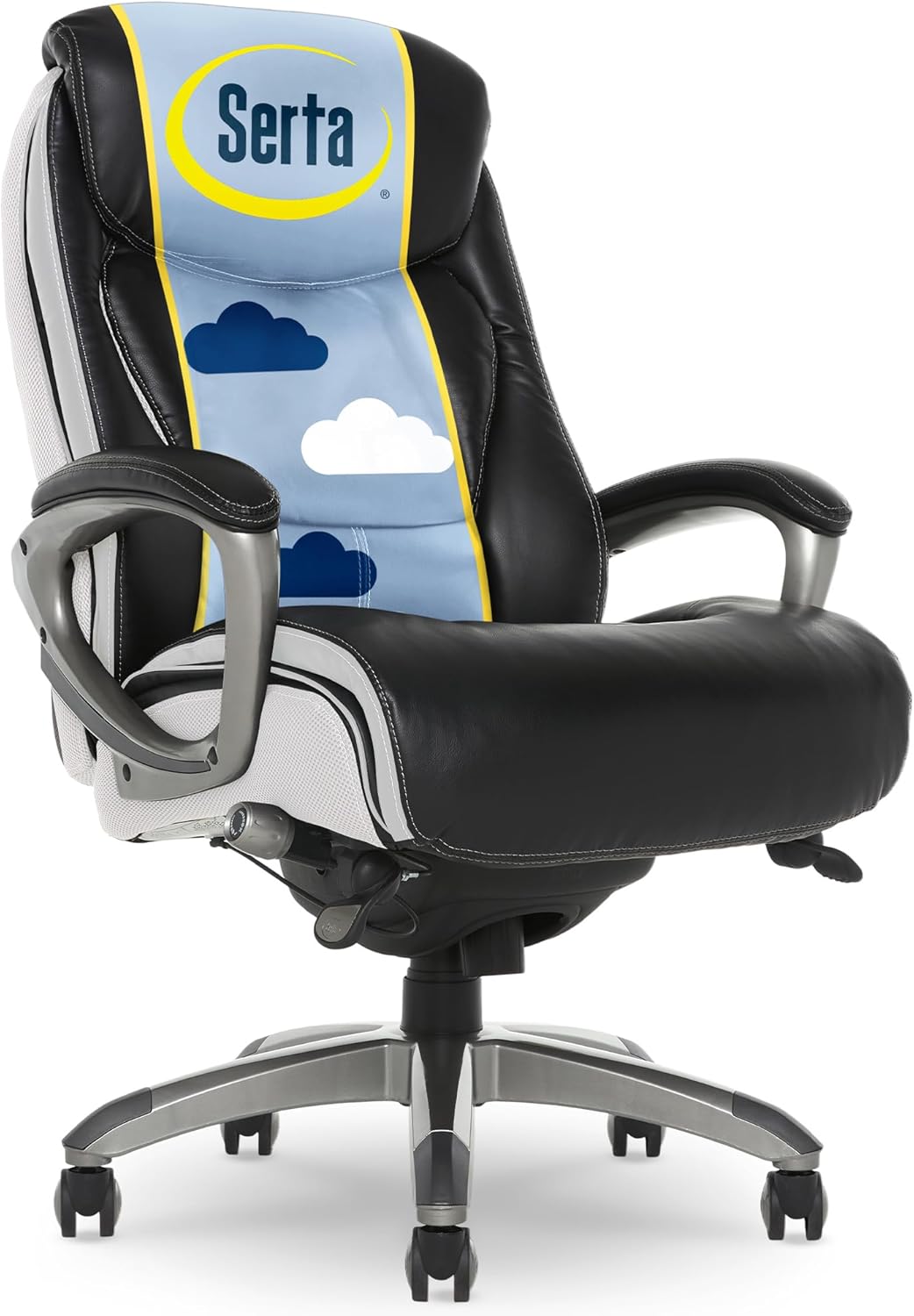 Serta Lautner Executive Home Office Desk Chair, Ergonomic High-Back with Adjustable Lumbar and Body Pillows, SmartLayers and ComfortCoils Technology, Mesh and Bonded Leather, Black & White