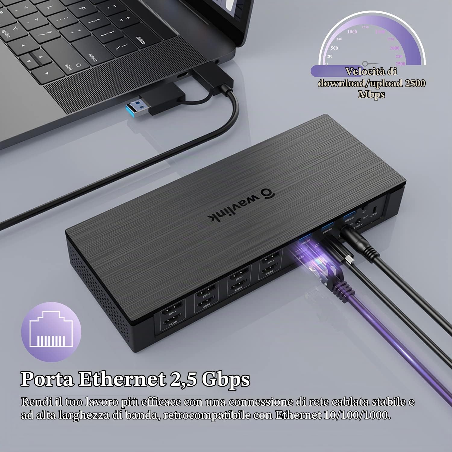 WAVLINK 20-in-1 USB-C o USB 3.0 Quad 4K@60Hz Display Docking station universale per Mac e Windows supporta la ricarica PD/DC fino a 100 W, Ethernet 2.5G, slot SD/TF, Compatibile con nuovo MacBook Neo