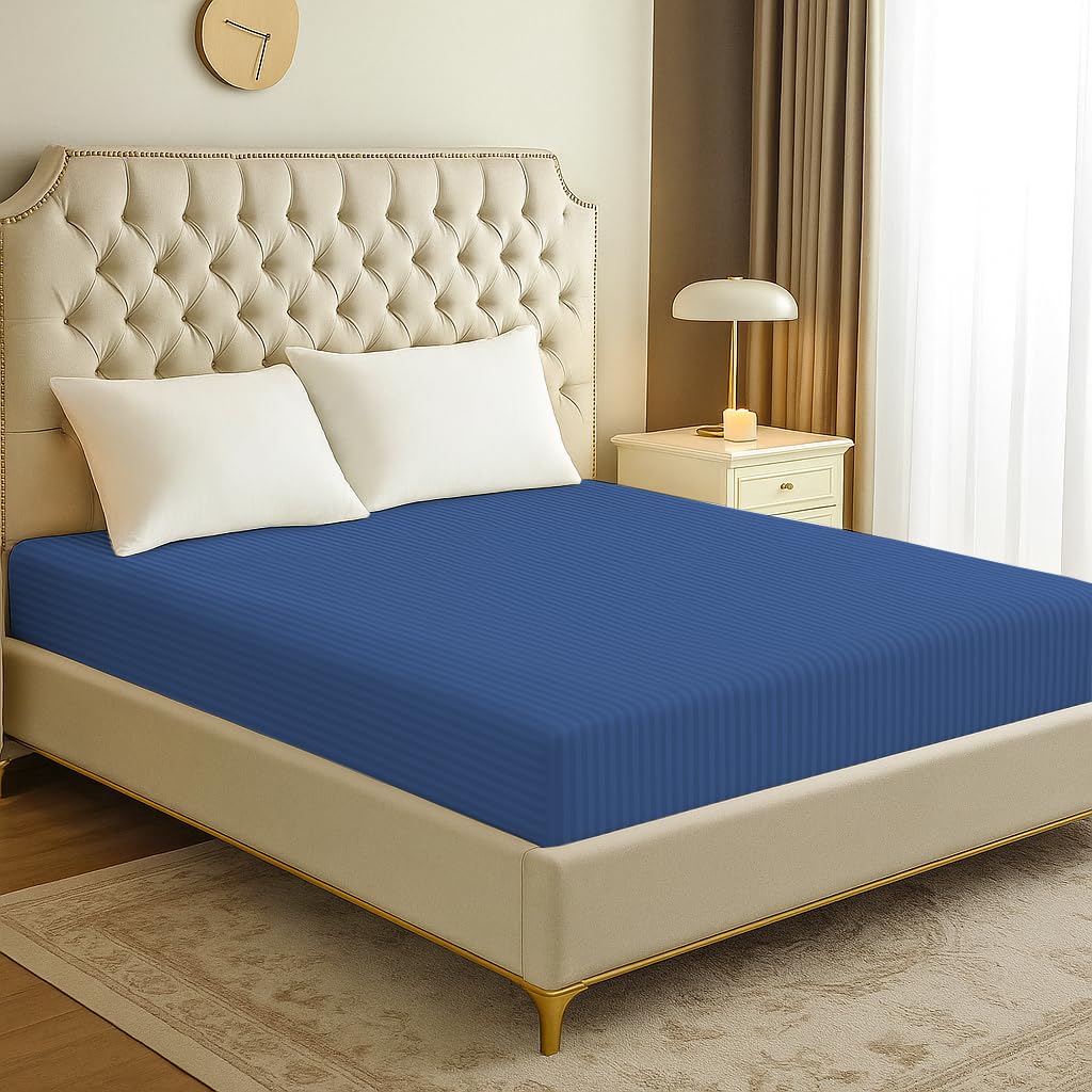 Hotel Quality Blue Satin Fitted Sheet 30cm Extra Deep Fit Double Bed Sheet Stripe Design Non-Iron Hypoallergenic (Double, Blue)