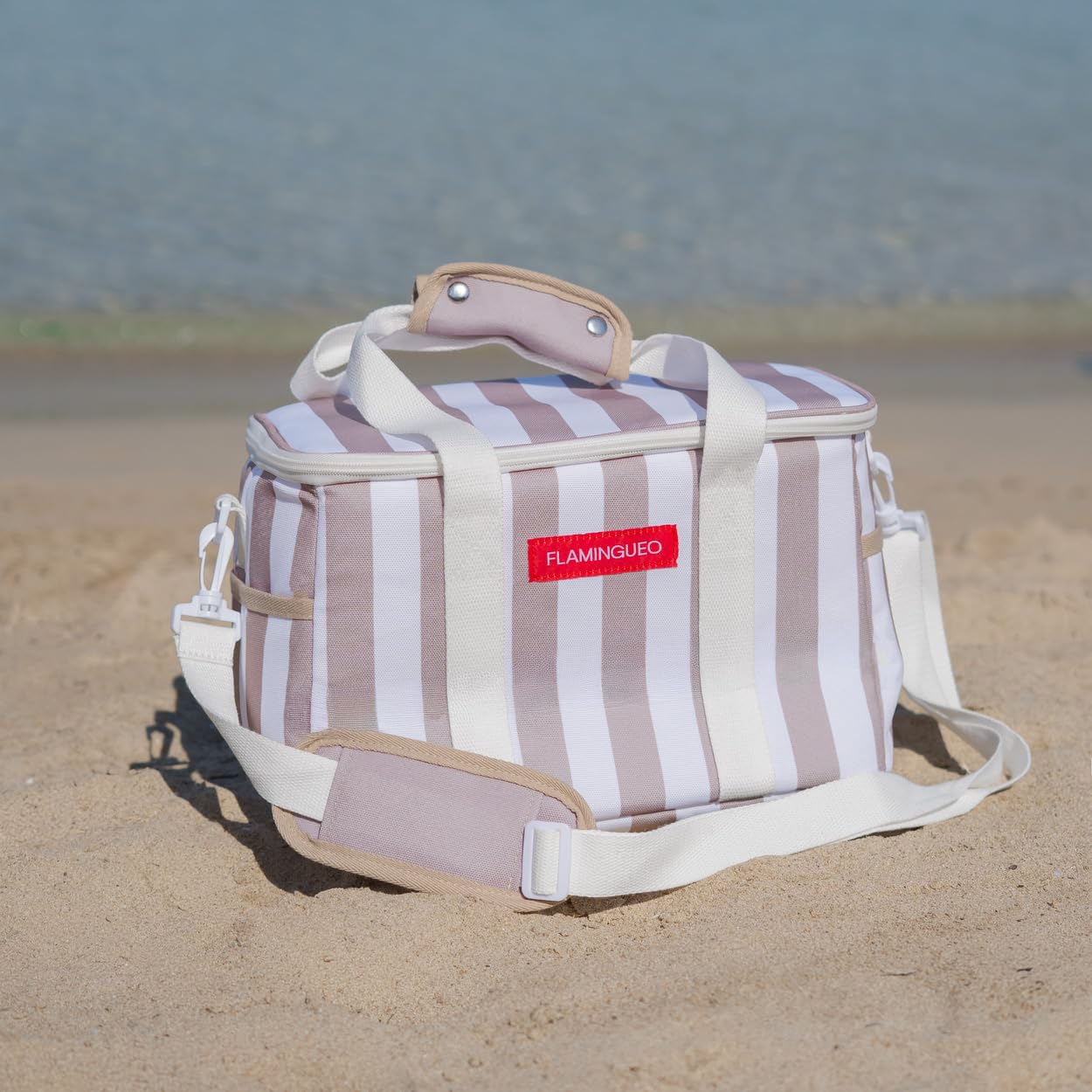 Flamingueo Borsa Termica - Per Spiaggia, Piscina e Picnic - Capacità 12L - Mantiene il Freddo 4 Ore - Numerose Tasche - Doppi Manici - Poliestere - Beige