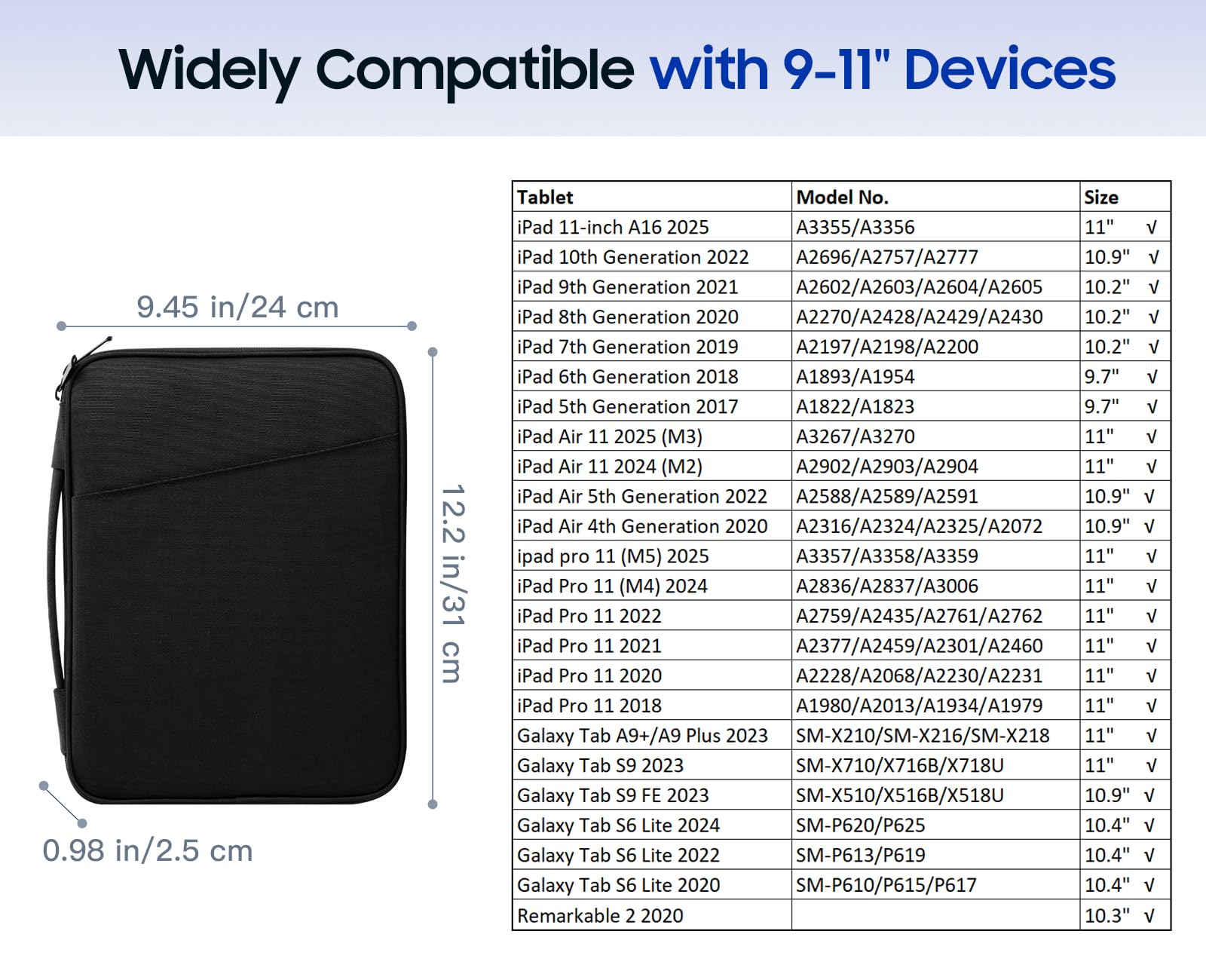 TiMOVO 9-11" Custodia per Tablet, Compatibile con iPad 11" A16 2025, iPad 10,9"/10,2"| Air 11", Galaxy Tab A9+ / A11 Plus 11", Borsa Protettiva con Tasche, Nero