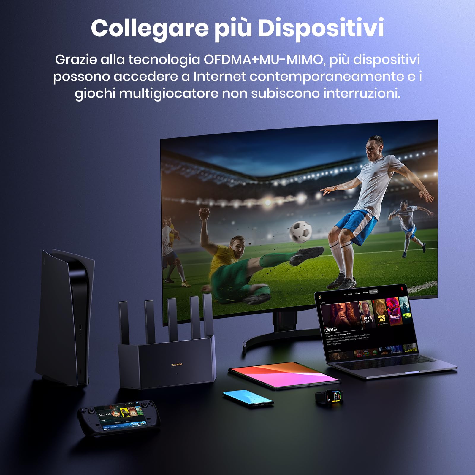 Tenda RX2L Pro AX1500Mbps Router WiFi 6 Dual-Band, 1201Mbps/ 5GHz e 300Mbps/2,4GHz, 5 Antenne Ad Alto Guadagno, 4 Porte Gigabit, Parental Control, Tecnologia WiFi+, WPA3, Dissipazione del Calore