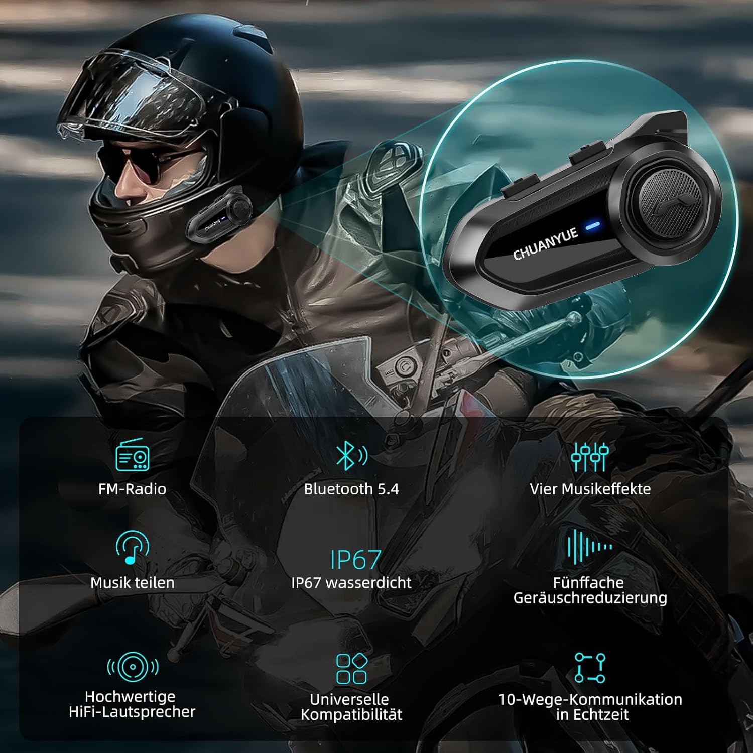 R18 Motorrad Bluetooth Headset, Kommunikationssystem für bis zu 10 Motorräder mit Reichweite von 2000m,motorradhelm mit Bluetooth，intercom Motorrad mit HiFi/Musik Teilen/FM/AI Sprache（1pc）