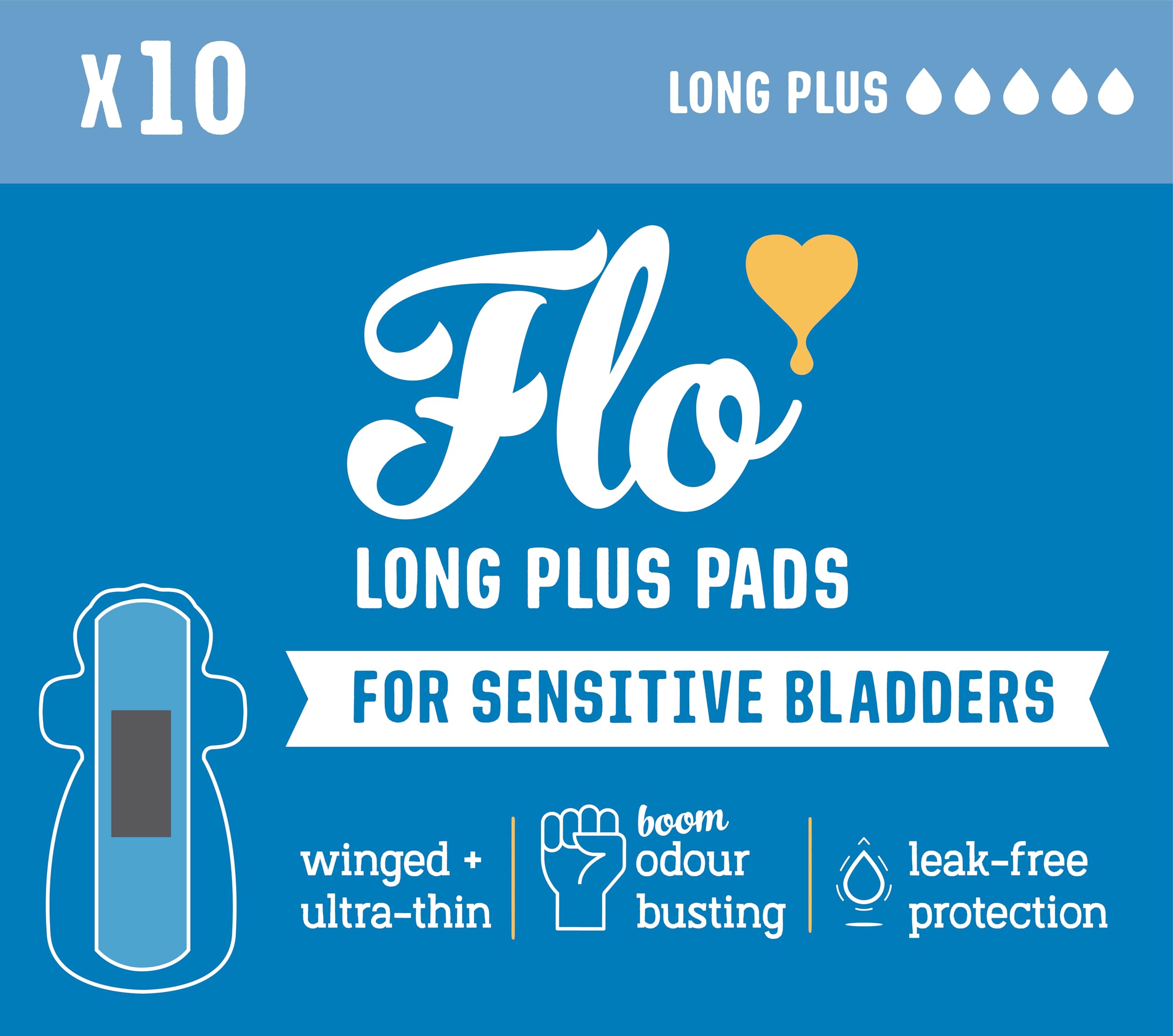 Flo - Sensitive Bladder Long Plus Pads (10 Pack) - Wrapped, Ultra-Thin - Natural, Absorbent & Breathable - Charcoal Core - Made with Organic Bamboo - Incontinence Pads for Women - Vegan & Cruelty Free