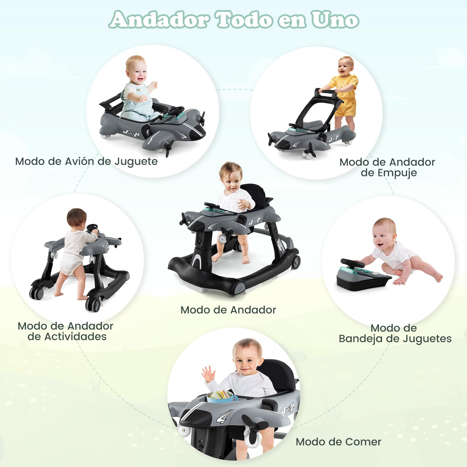 RELAX4LIFE 6 en 1 Andador Bebés Plegable con Altura y Velocidad Ajustables, Tacata Bebe con Asiento Acolchado, Música, Luces y Bandeja de Juguetes para Niños 6-18 Meses, 72,5x64x52/53/54cm (Gris)