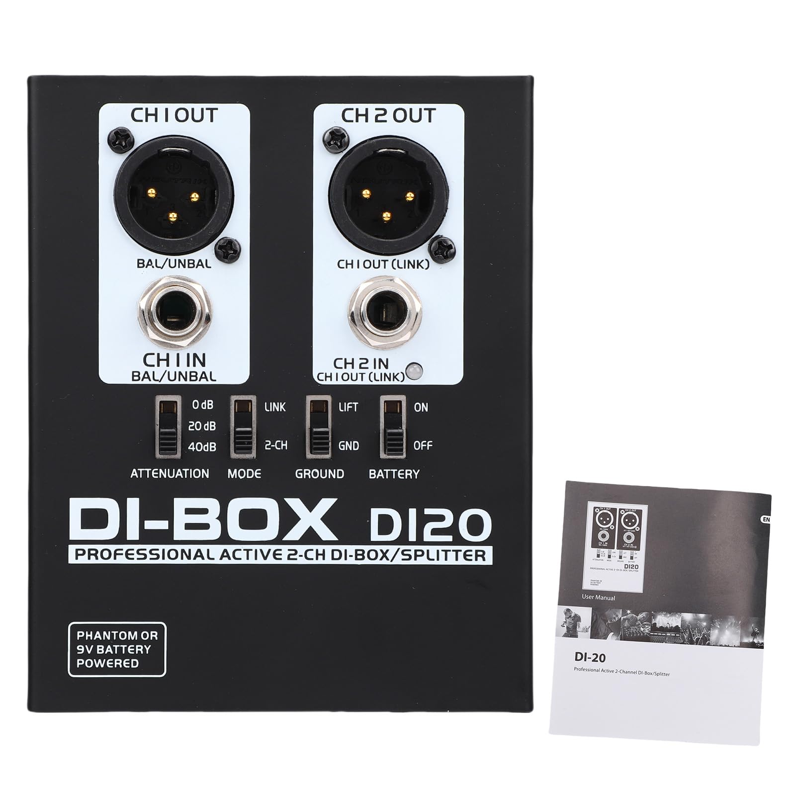 Caja DI Activa de 2 Canales, Caja de Audio Profesional de Inyección Directa Adaptador TRS a XLR con Aislador de Señal con Caja Metálica Soporta hasta 3000W para Equipos