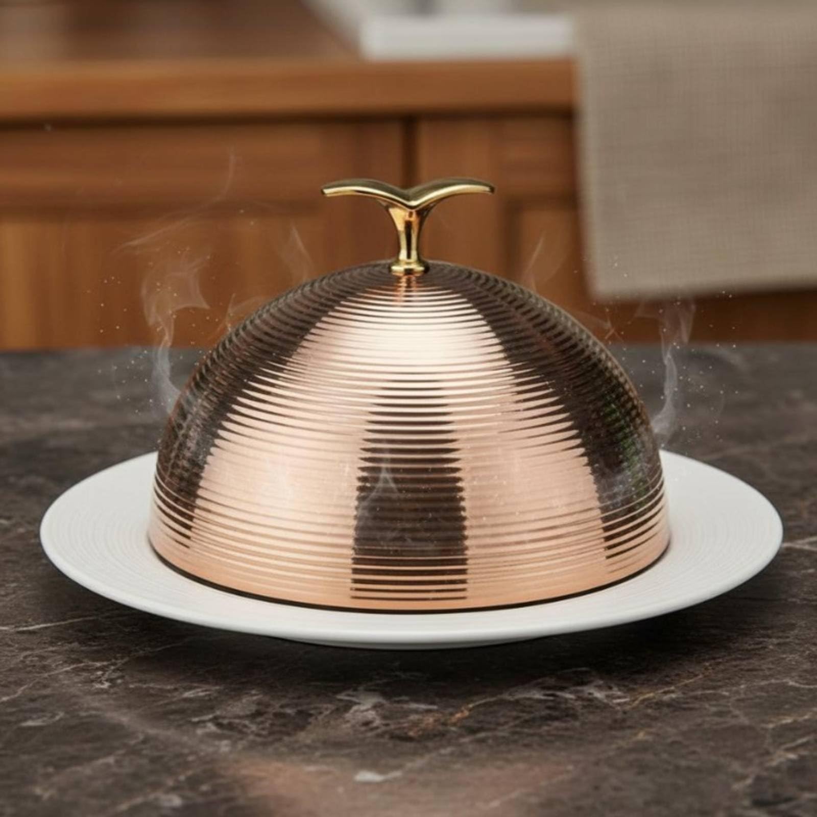Cubierta para Plato de Acero Inoxidable Campana para Comida Tapa de Bandeja Cloche para Servir con Acabado Resistente al Deslustre Función de, Oro Rosa, 35CM