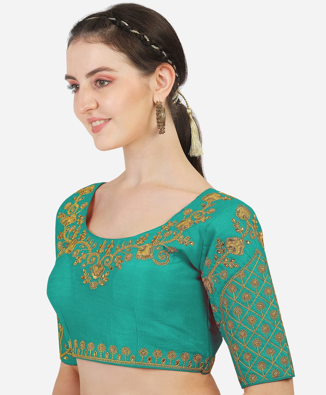 Pujia Mills Women's Embroidery Handwork Thread Zari Stone Work Readymade Blouse (38, Rama)