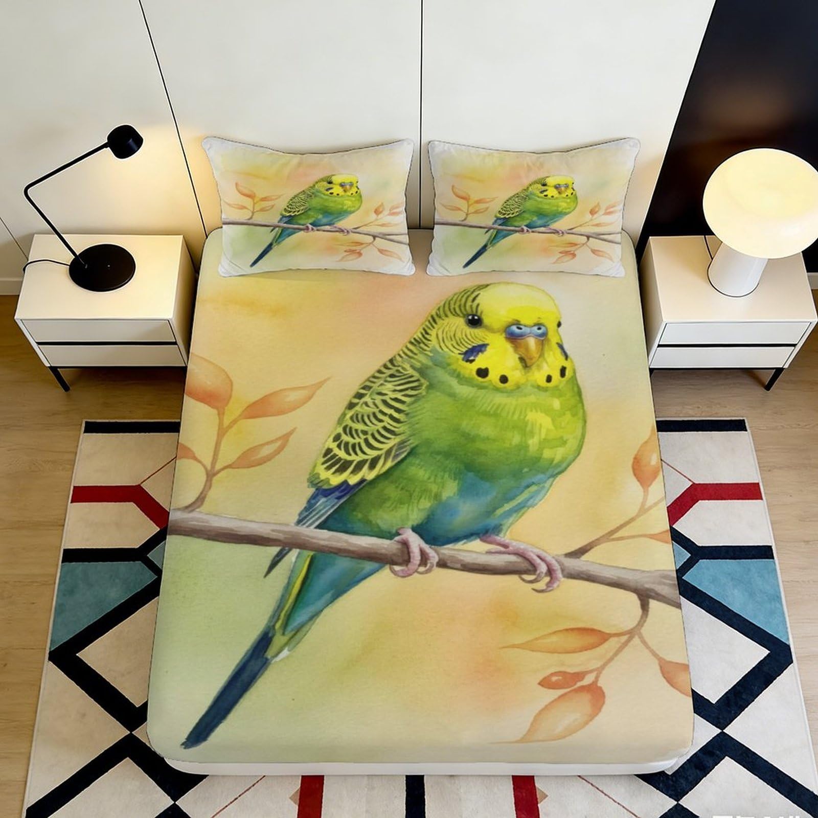 3D Printed Parrot Microfiber Fitted Sheet Deep Pocket Non-Slip Bedroom Bedding Parrot Mattress Fitted Cover Washable 160x200x25cm