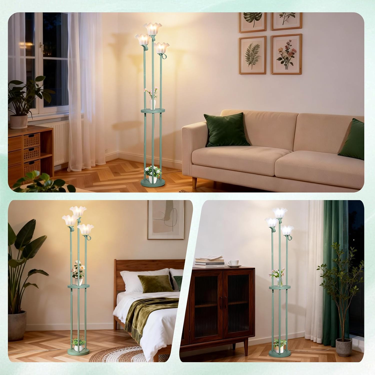 Floor Lamp with Shelves, Flower Floor Lamp for Living Room, Flower Standing Lamp with 3 Bulbs, Unique Corner Lamp with 3 Color Temperature, Foot Switch, Floral Tall Lamp for Bedroom Kids Home