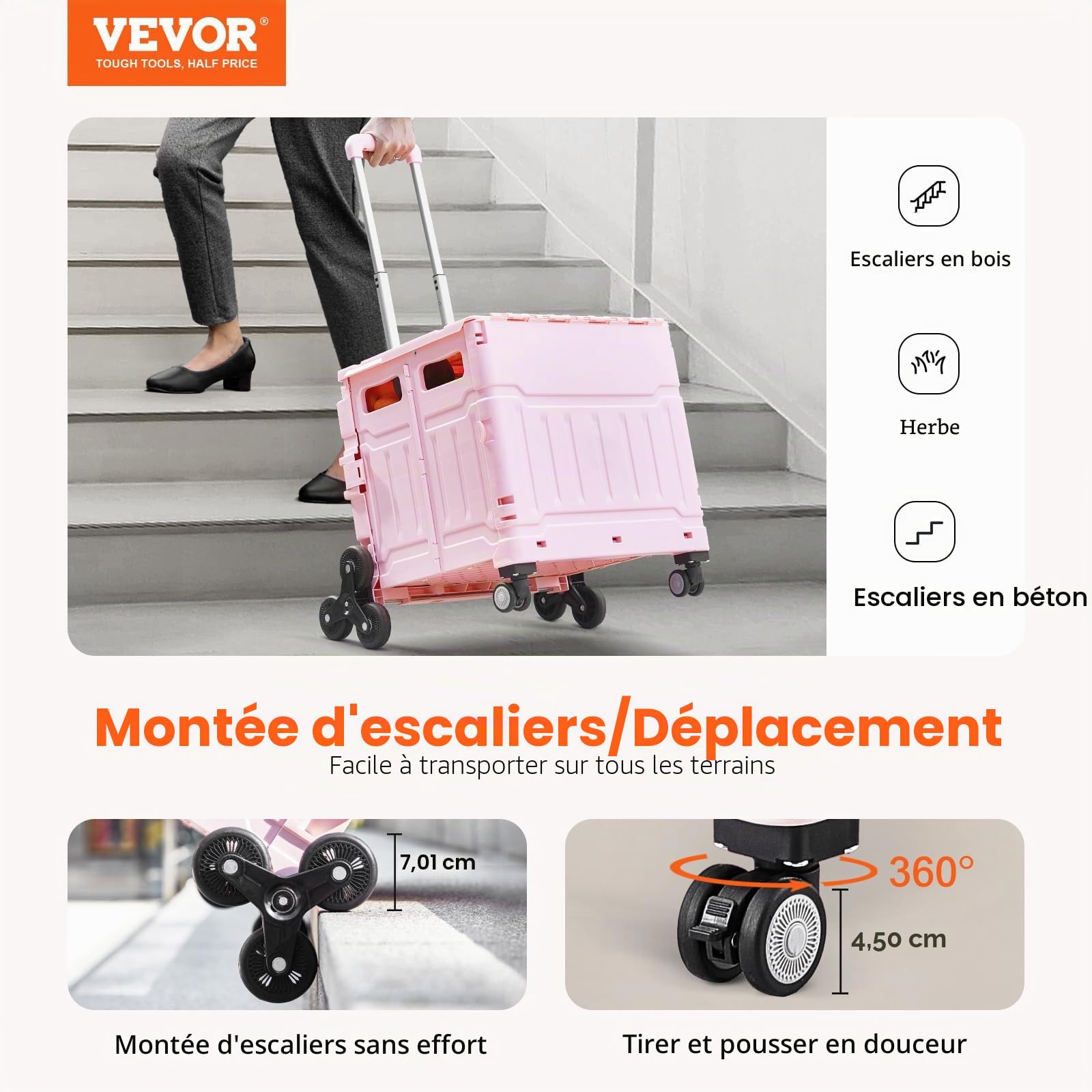 VEVOR Chariot de Courses Pliable, 65 L, Chariot Monte Escalier avec Poignée Réglable Télescopique, Couvercle, Roues à Rotation 360°, pour Shopping, Bureau, Déménagement, Transport, Extérieur, Rose