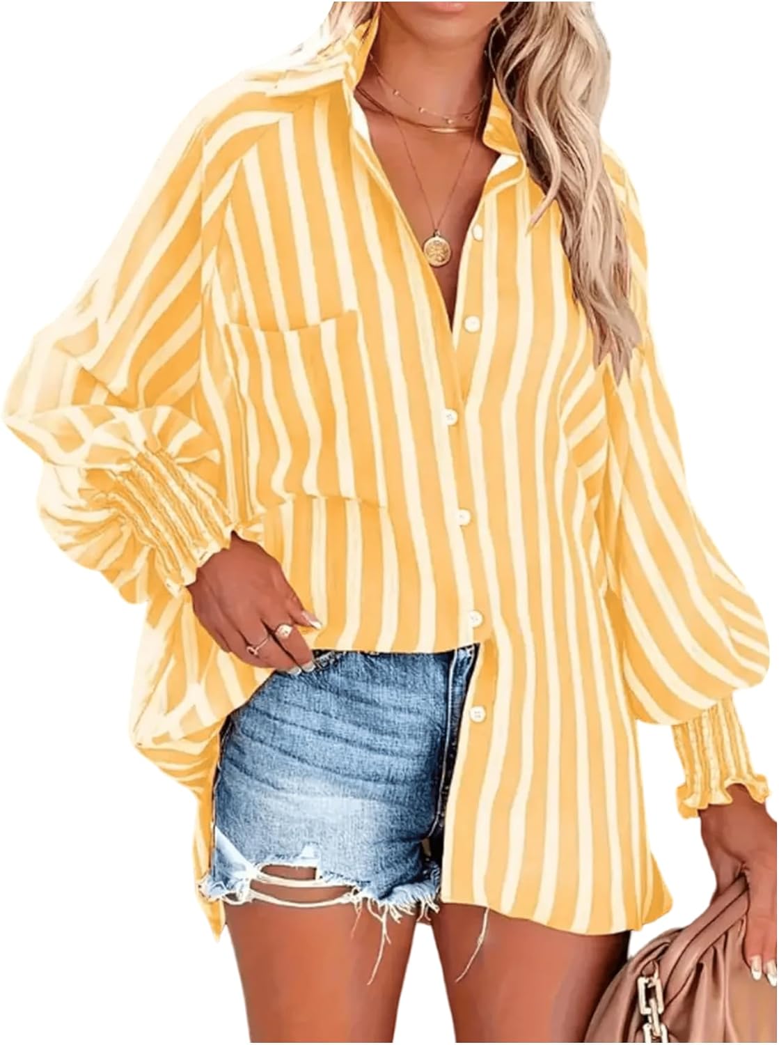 WDIRARA Women's Striped Button Down Shirts Smocked Lantern Long Sleeve Collared Blouse Loose Tops