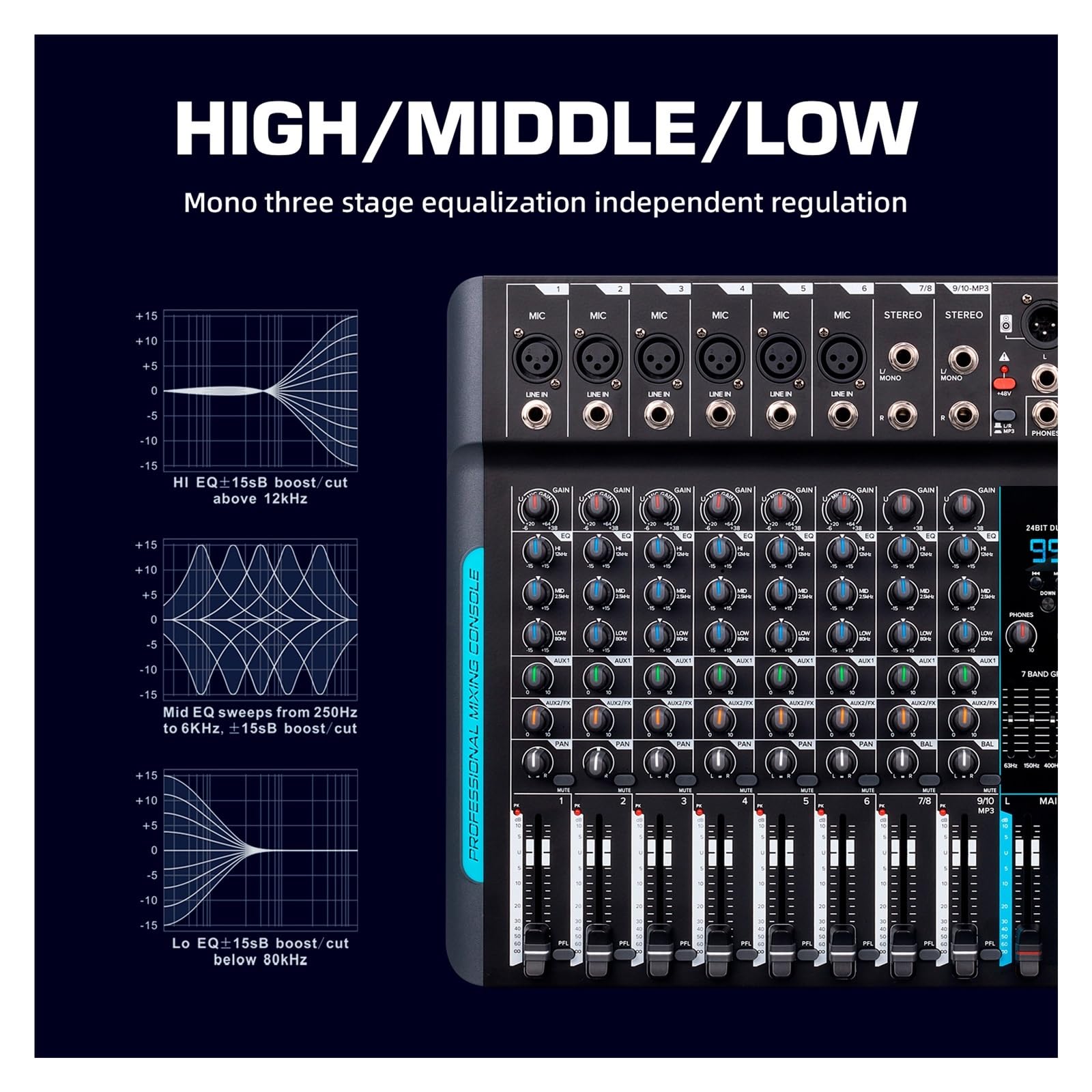 Mezclador de audio, Controlador DJ mezclador Forket 99 DSP FP-10 de 10 canales con reverberación, grabación y mezcla Bluetooth 5.0 rendimiento profesional