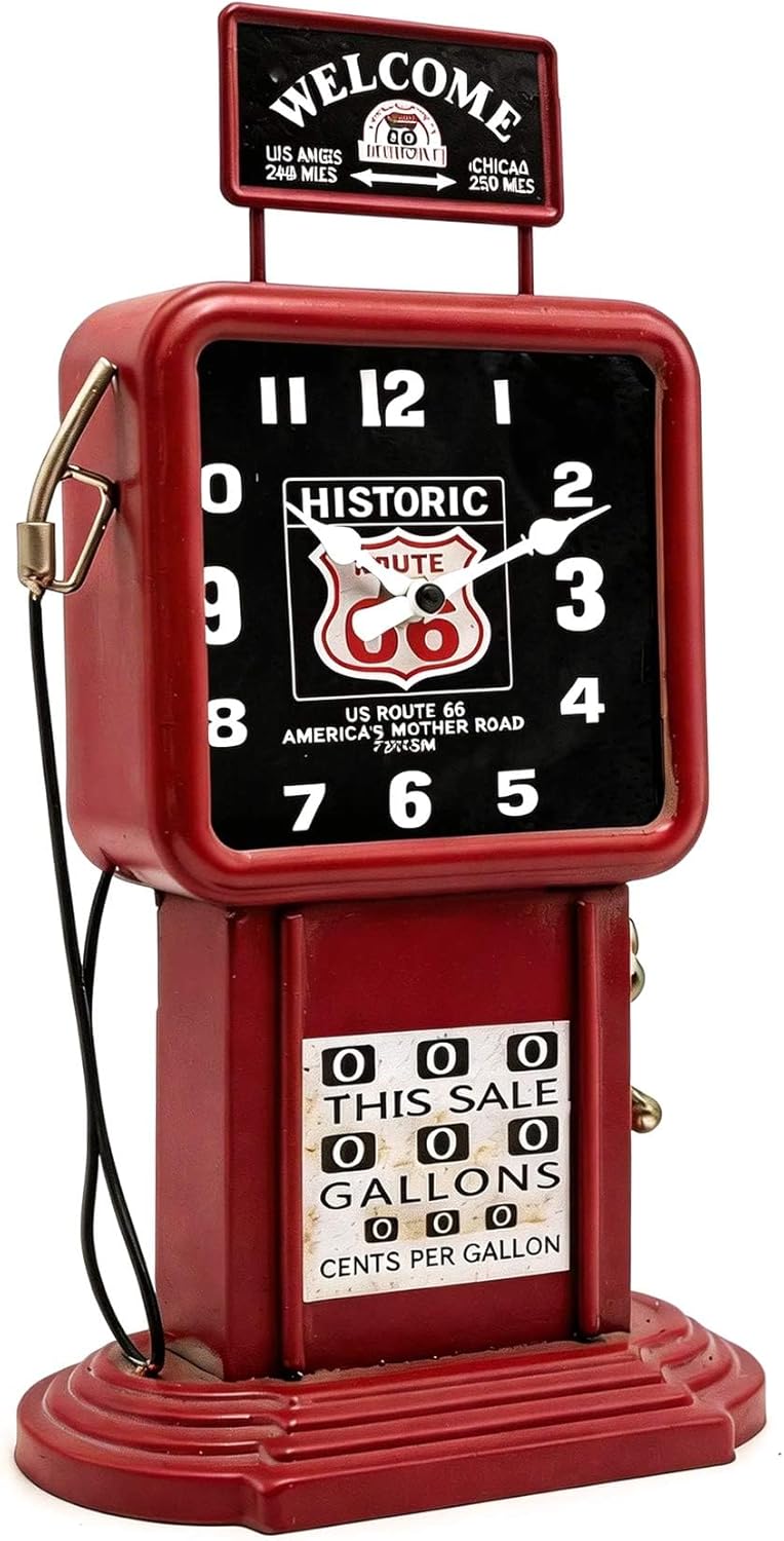 Vintage Steampunk Industrial Red Metal Gas Station Style Desk Clock, Retro Table Clock for Home Bar Cafe Decor