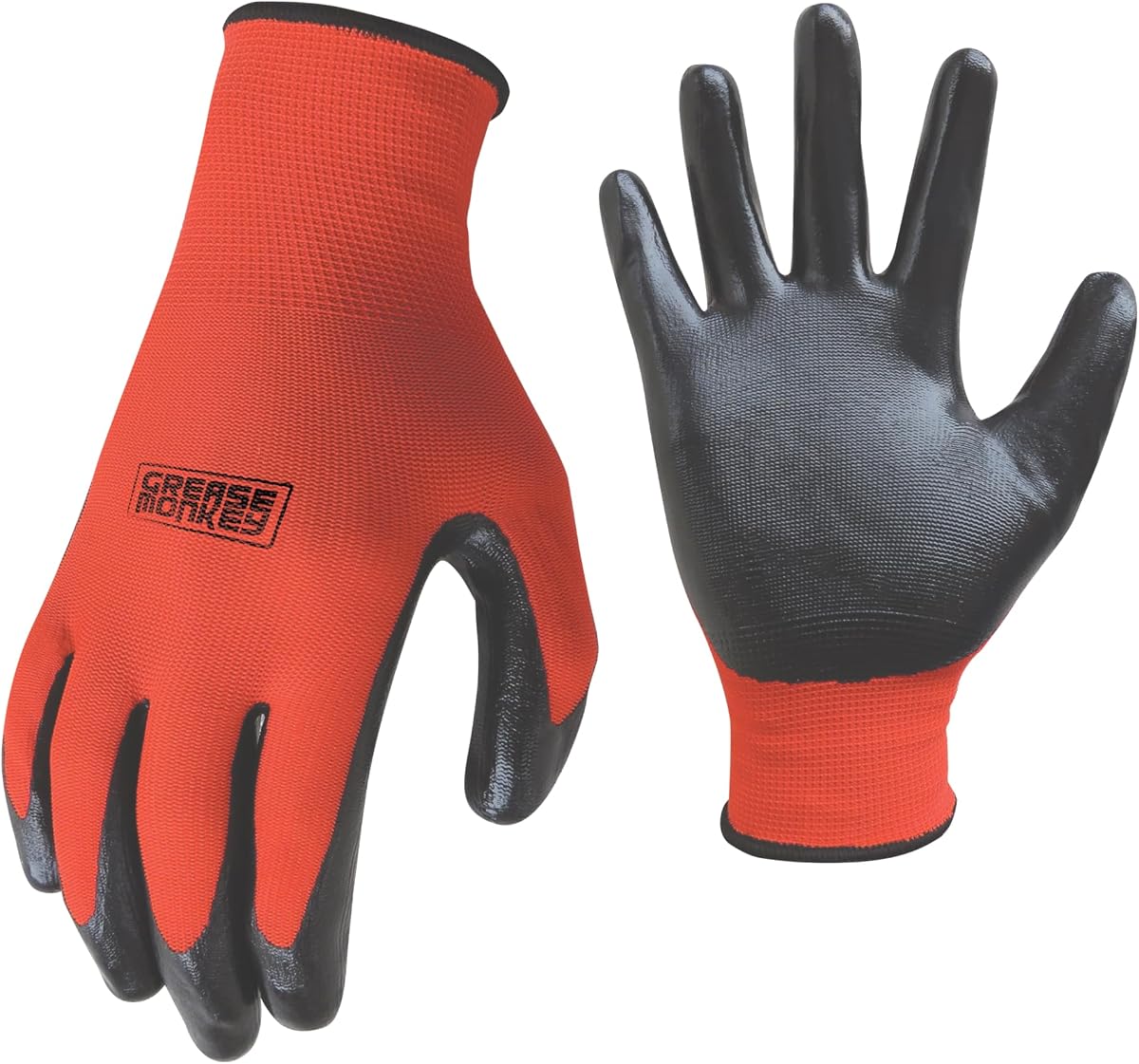 Grease Monkey General Purpose Nitrile Coated Work Gloves, Size Large, 12 Pack,Red | Single use polyester knit shell with nitrile-coated palm and fingers for grip during automotive, yard work, or shop tasks