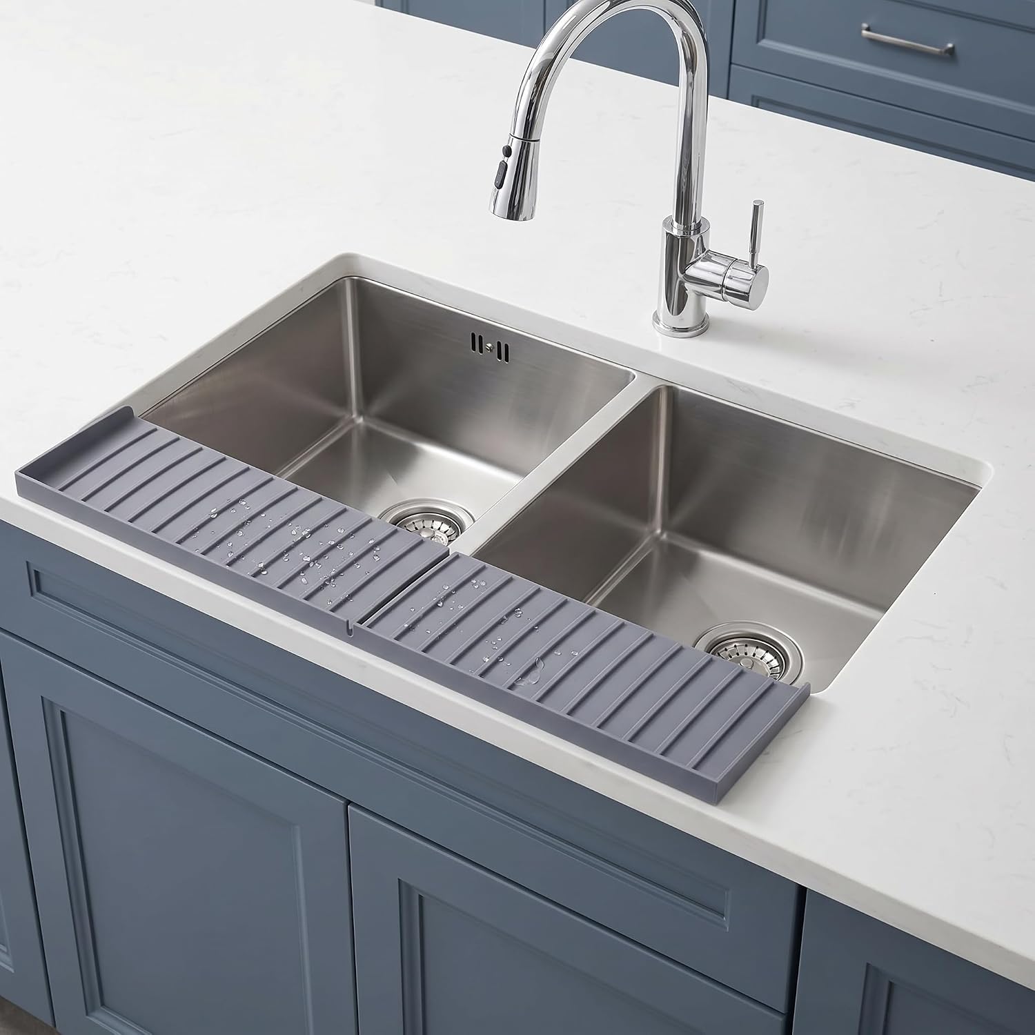 Sink Edge Protector with Suction Cups - 4 x 30 Silicone Sink Splash Guard Countertop Protection for Kitchen Bathroom Stainless Steel Granite Quartz Grey
