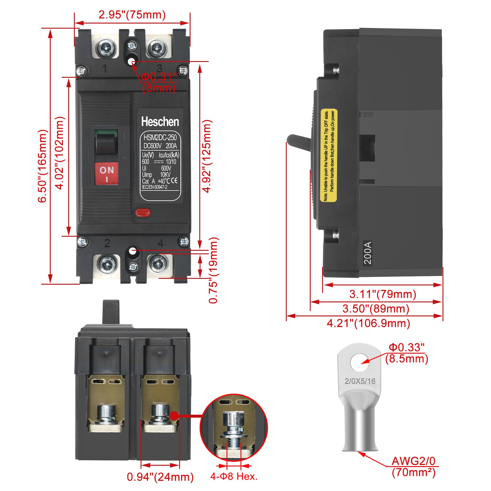 Heschen Wyłącznik obudowy DC MCCB, HSM2DC-250, 200A, 2-biegunowy, DC600V, wyłącznik fotowoltaiczny, z 4 sztukami cynowanych miedzianych końcówek kablowych, do fotowoltaiki, USV, baterii