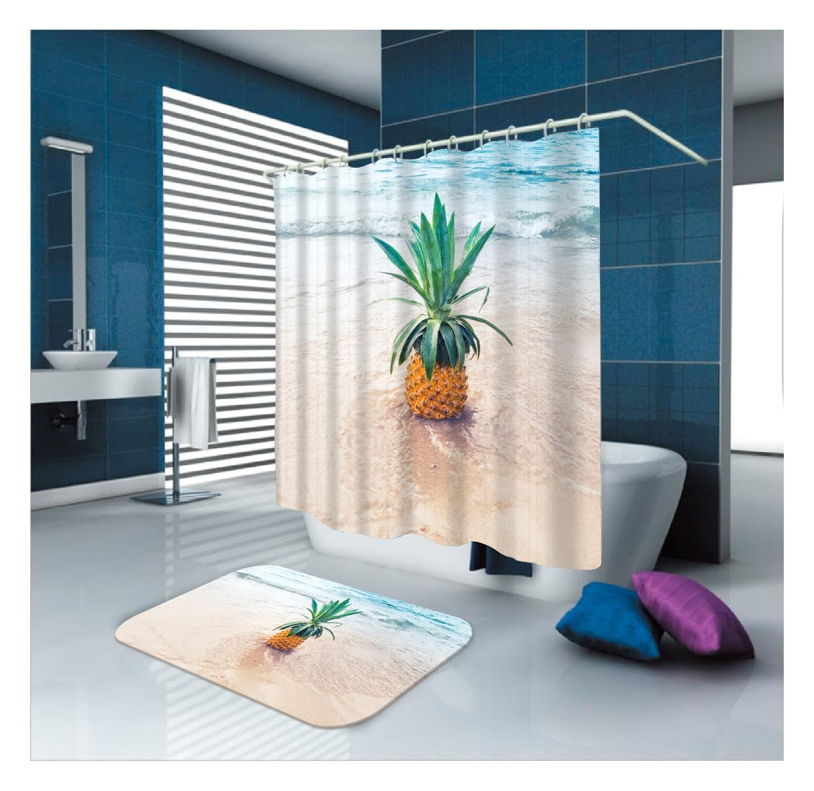 Rideau de douche textile ananas marron 150x180 cm lavable pour salle de bain exotique