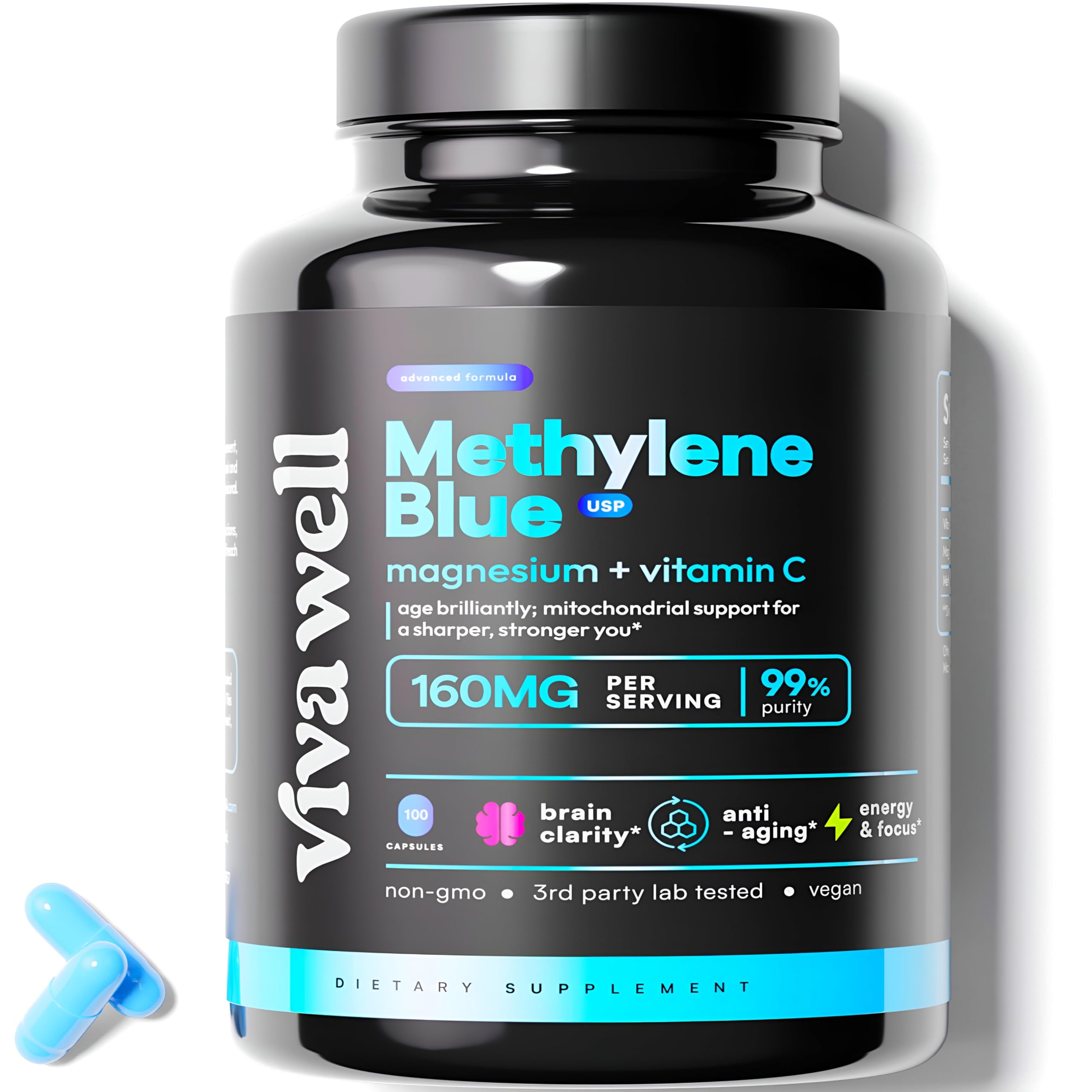 Azul de metileno de grado farmacéutico 1, mejora de gotas. Cápsulas de azul de metileno de grado USP con glicinato de magnesio. Vitamina C para humanos. Píldoras para la concentración, la claridad y la energía.