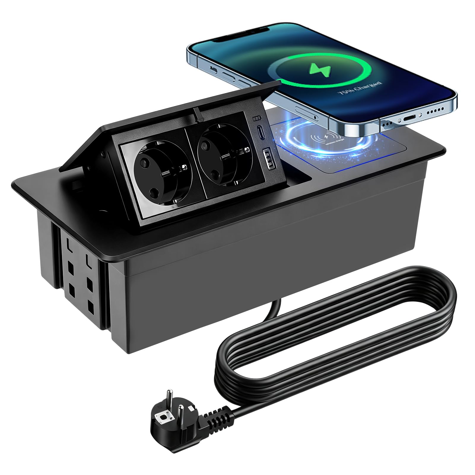 Toma de Corriente Retráctil con USB para Escritorio y Cocina, 1.8m, Negro | 2 Veces Toma de Corriente Empotrada, carga inalámbrica Qi de 15 W Regleta Retráctil para Escritorio