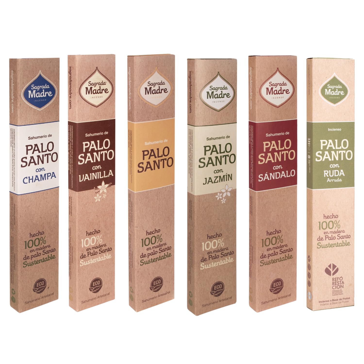 6 Inciensos de Palo Santo con Champa, Vainilla, Jazmín, Sándalo y Ruda | Sahumerio 100% Natural Hecho a Mano con Aceites Esenciales Naturales | 8 Varillas Gruesas por Caja y 1 Hora de Duración.