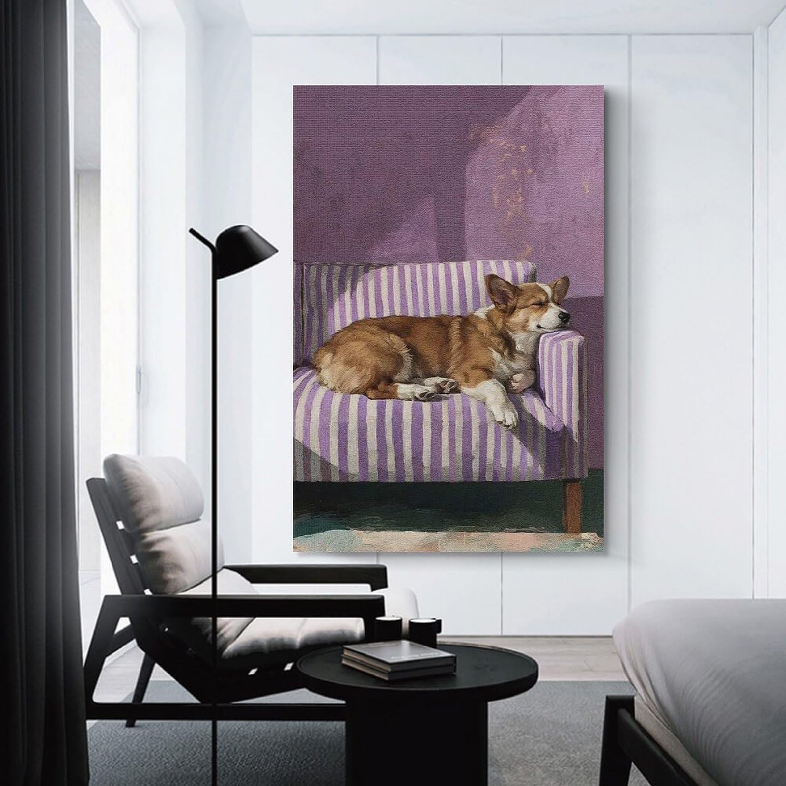 Junmoney Sleeping Corgi on Striped Couch Canvas Wall Decor 20x30inch(50x75cm), for Flats, Guest Rooms Or Compact Rooms, Home Artwork for Modern Interiors
