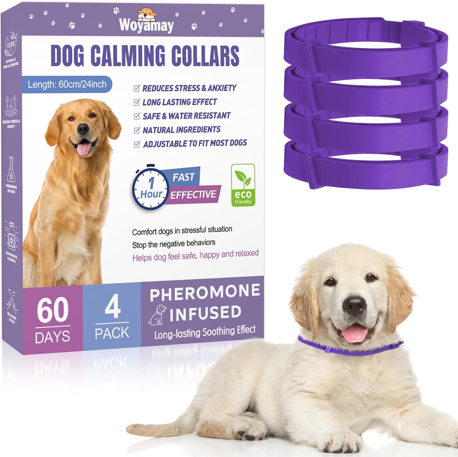Paquete de 4 collares calmantes para perros, collar calmante para el alivio de la ansiedad por separación para perros, collar ajustable de 60 días