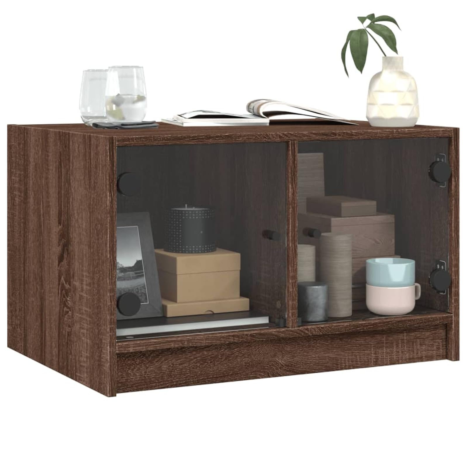 Homgoday Tavolino da caffè con ante in vetro rovere marrone, 68 x 50 x 42 cm, tavolino da tè per soggiorno, sala d'accoglienza degli ospiti, camera da letto e ufficio