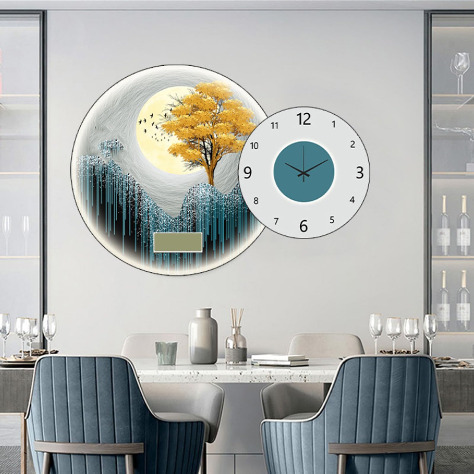 Decoratieve klok met verlichting, 47,2 inch stille eeuwigdurende kalender wandklok, woonkamer eetkamer achtergrond muurschildering klok muurschilderingen