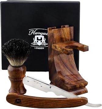 Haryali London Shaving Kit - 3 Pc Wooden Shaving Kit – Professional Cut Throat Razor Kit - Cut Throat Razor - Badger Shaving Brush - Shaving Stand from Wood - Sustainable Gift Set