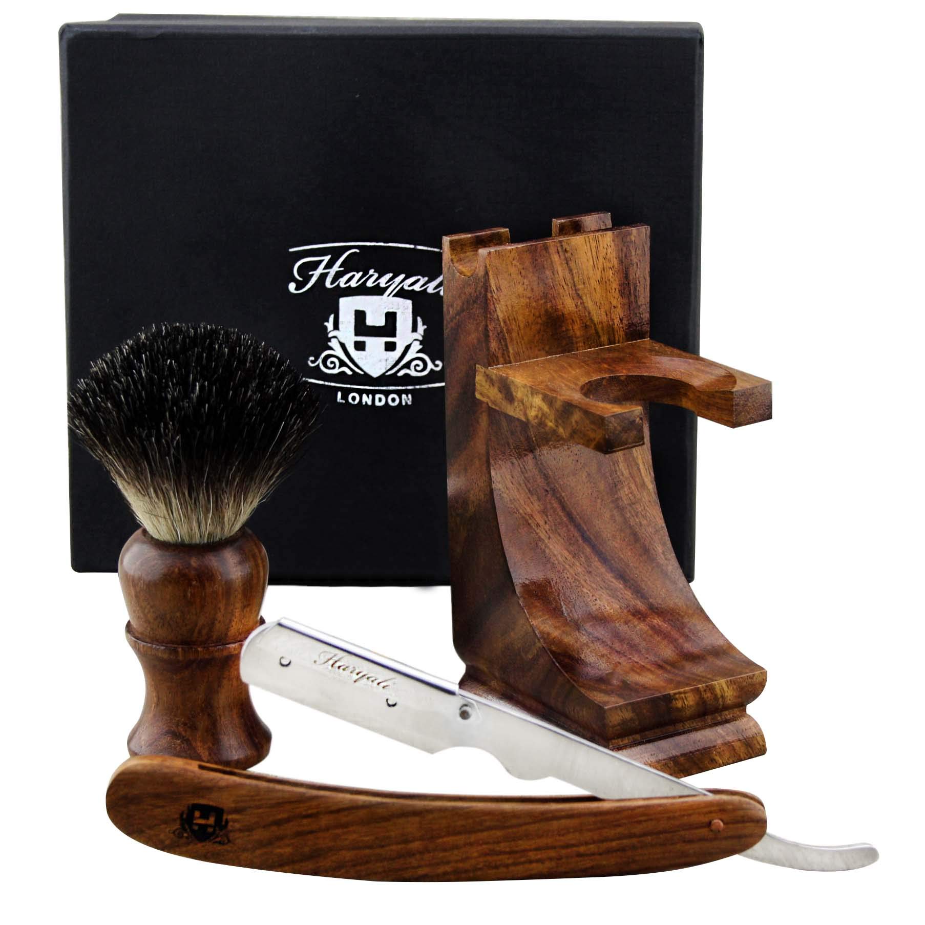Haryali London Kit de afeitado – Kit de afeitado de madera de 3 piezas – Kit profesional de afeitar de garganta – Maquinilla de afeitar de corte – Brocha de afeitar de tejón – Soporte de madera