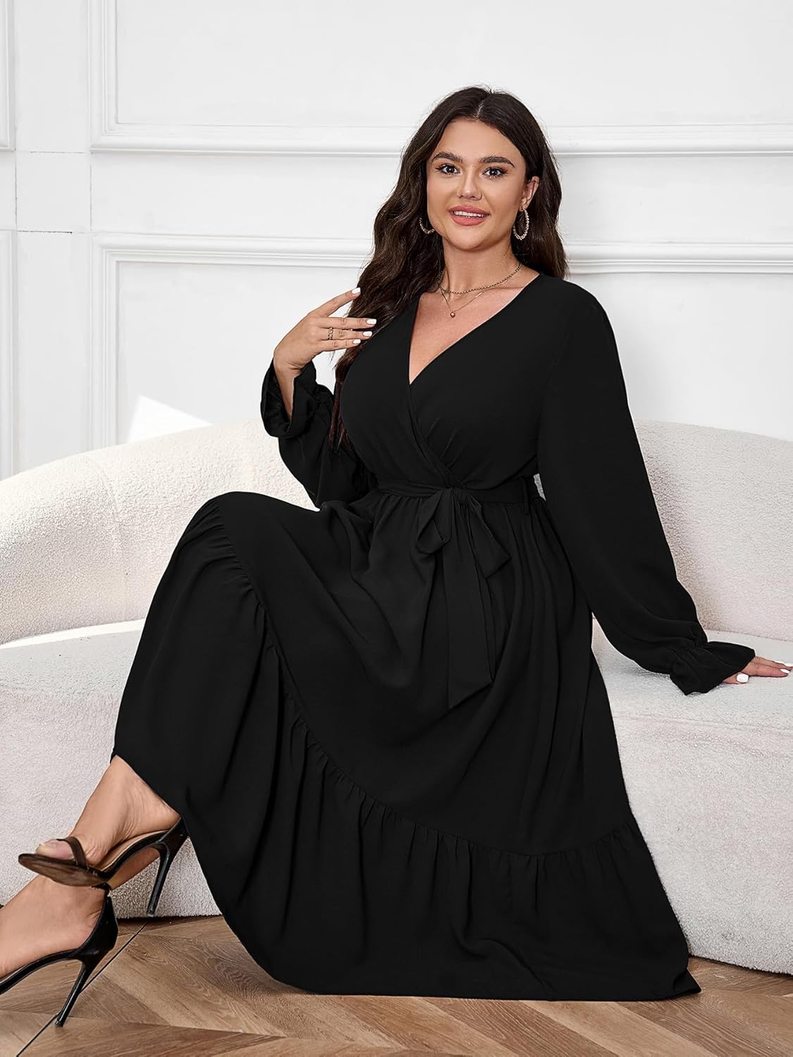 SCOMCHIC Womens Plus Size Wedding Guest Dresses Long Sleeve Faux Wrap V Neck Belted A-Line Flowy Maxi Cocktail Dress - Image 4