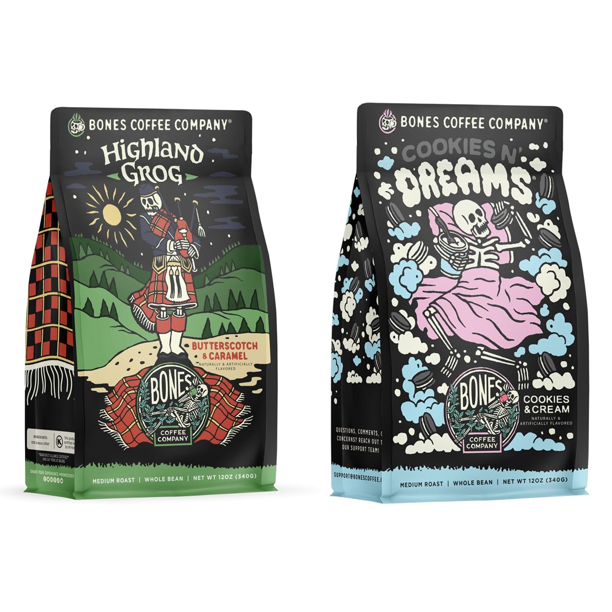 Bones Coffee Company Cookies 'N Dreams With Highland Grog 12 oz Ground Coffee, 12 oz Bundle