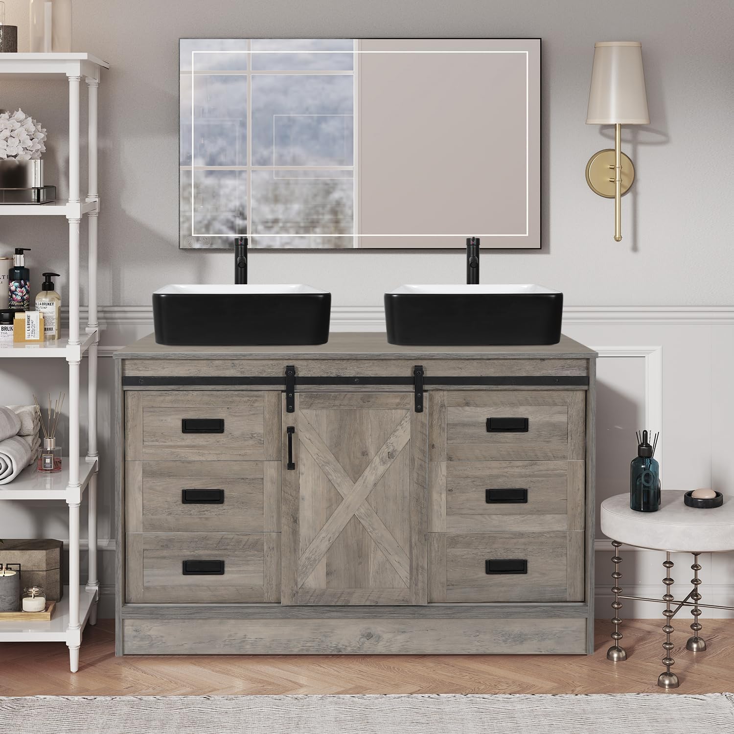 Amazon.com: SOLIDEE 48" Barn Door Bathroom Vanity with 6 Drawers ...
