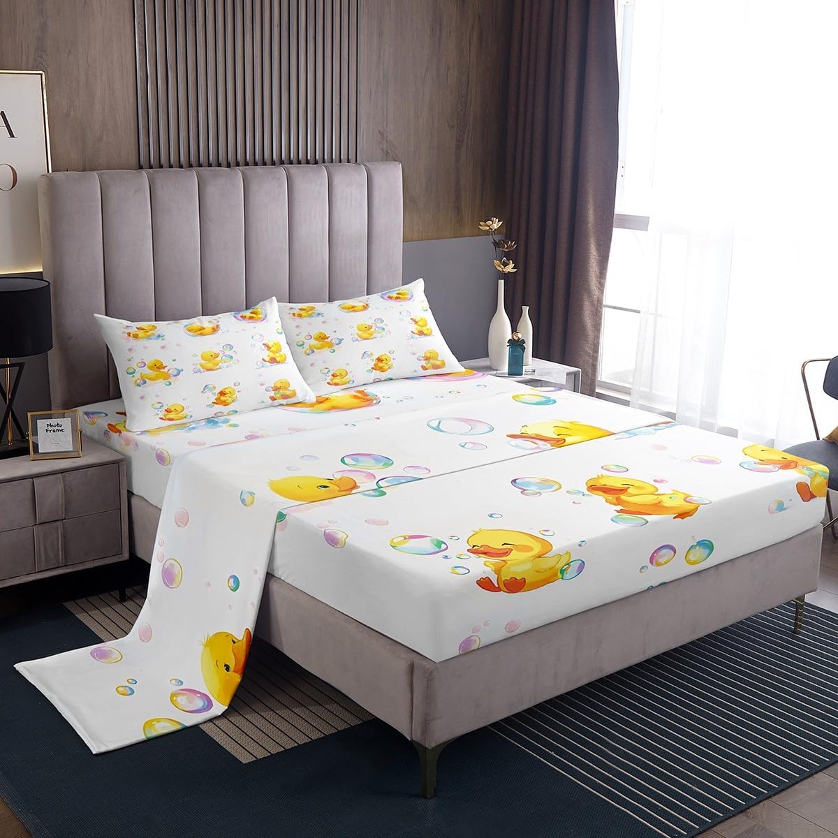 Homewish Cute Duck Bed Sheets Twin Size,Cartoon Animals Fitted Sheet 3Pcs,Watercolor Bubbles Bedding Sets for Kids Girls Boys Teens Room Decor,Kawaii Yellow White Top Flat Sheet,1 Pillowcase