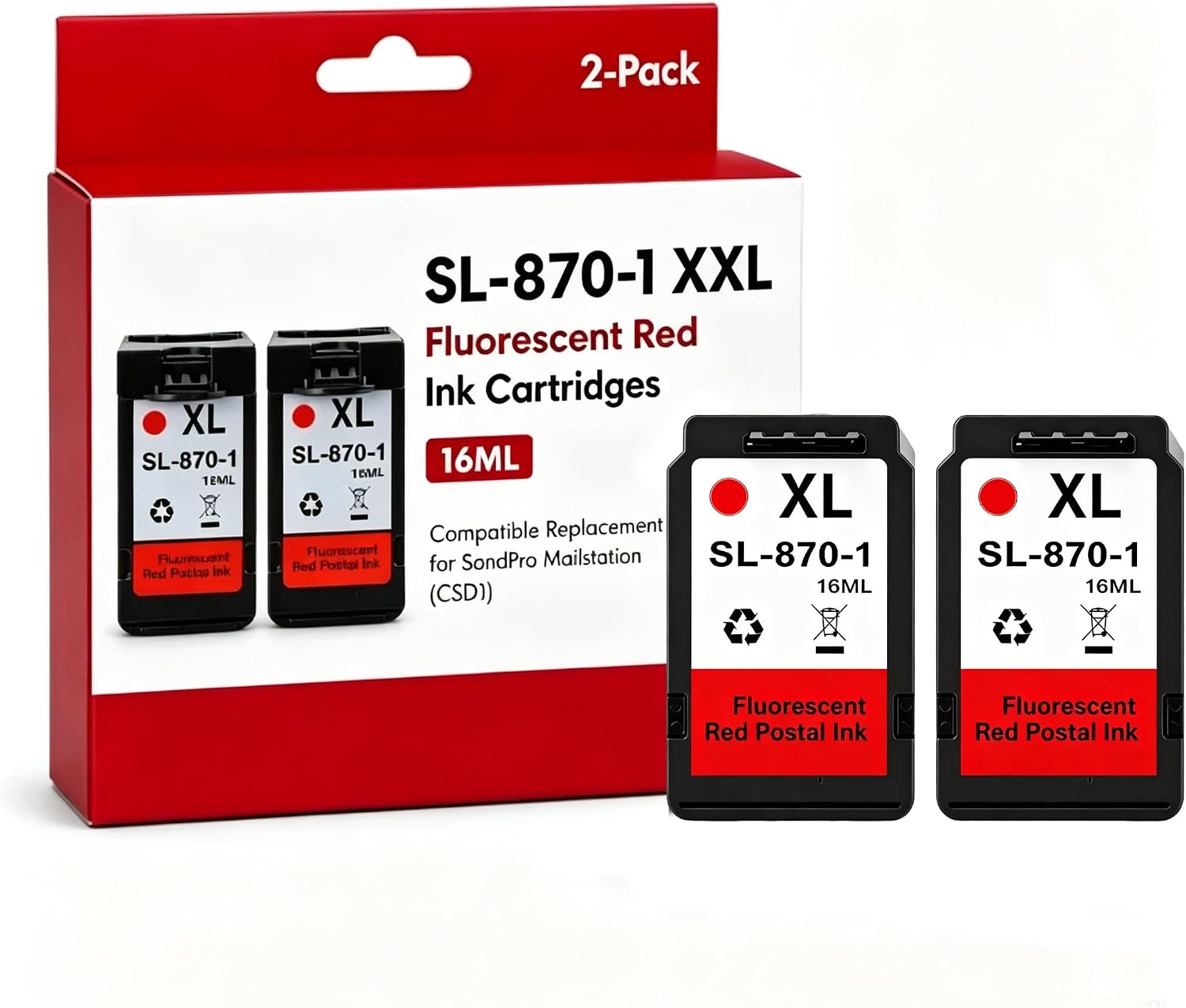 Fluorescent Red Ink Cartridge, High Capacity 16ml, Replacement Compatible with Pitney Bowes SL-870-1, Fit for SendPro Mailstation CSD1 Postage Meters, 2-Pack