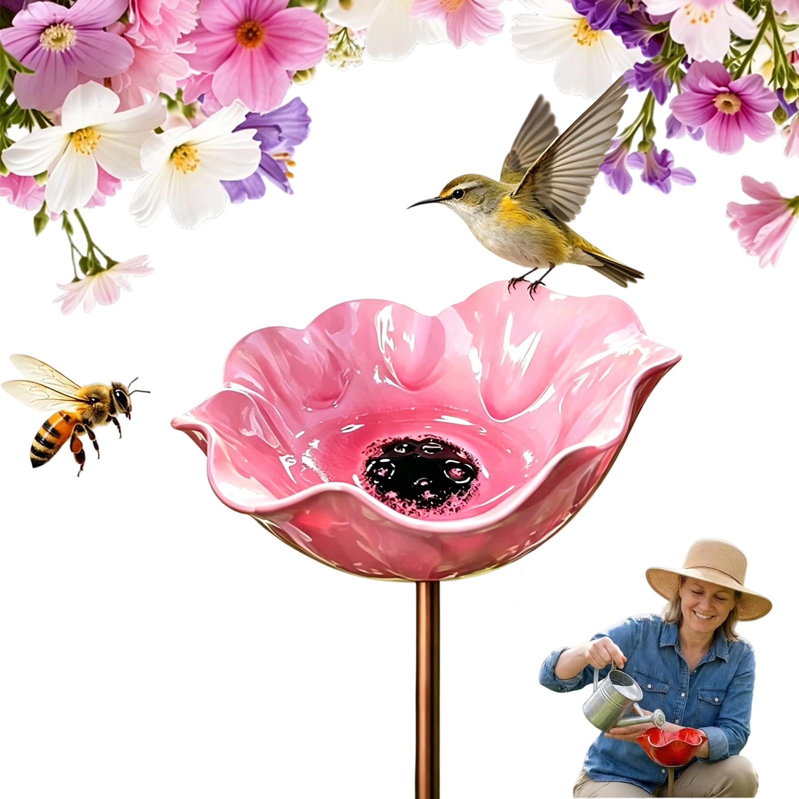 Metal Flower Garden Stake – Handmade Bird Bath & Bee Watering Station for Garden, Flower‑shaped Metal Bird Feeder, Colorful Outdoor Yard Decor, Birdbath with Stake for Yard Decor (Pink,1PC)