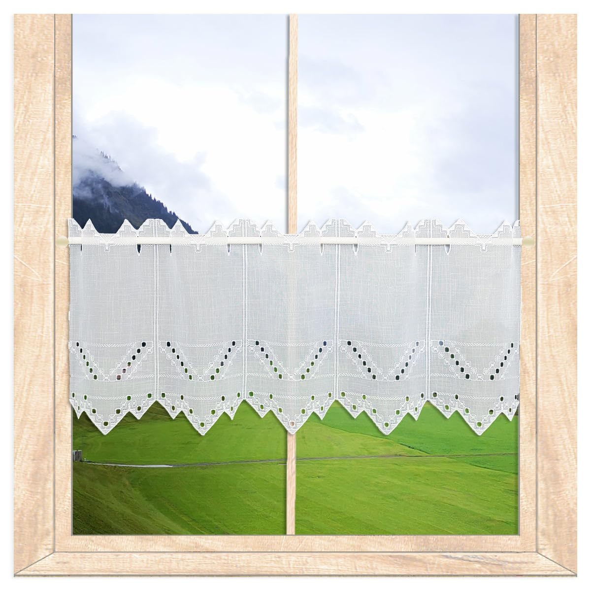 Scheibengardine Helena Zeitlose Bohrstickerei Weiß | HxB 55x208 cm