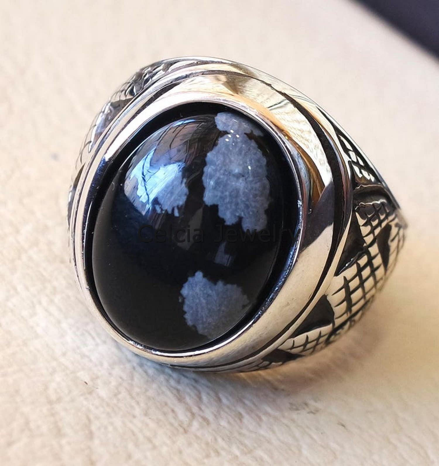 Bellissimo anello ossidiana fiocco di neve, gioielli fatti a mano attraenti per uomo, anello di dichiarazione, regali per la festa del papà, anello ossidato argento (ossidiana fiocco di neve)