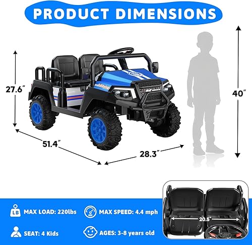 Miniatura 5 de Coche eléctrico para niños, juguetes de 24 V y 4 plazas con control remoto para padres, suspensión de 4 ruedas, capacidad máxima de peso de 220